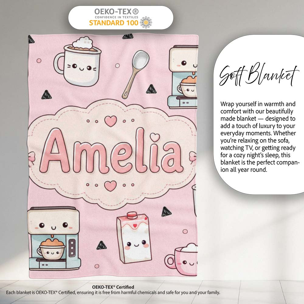Cute Kawaii Coffee Maker Milk Carton Cups Soft Pink Background Personalised Custom Name Super Soft Fleece Blanket Bed Sofa Throw