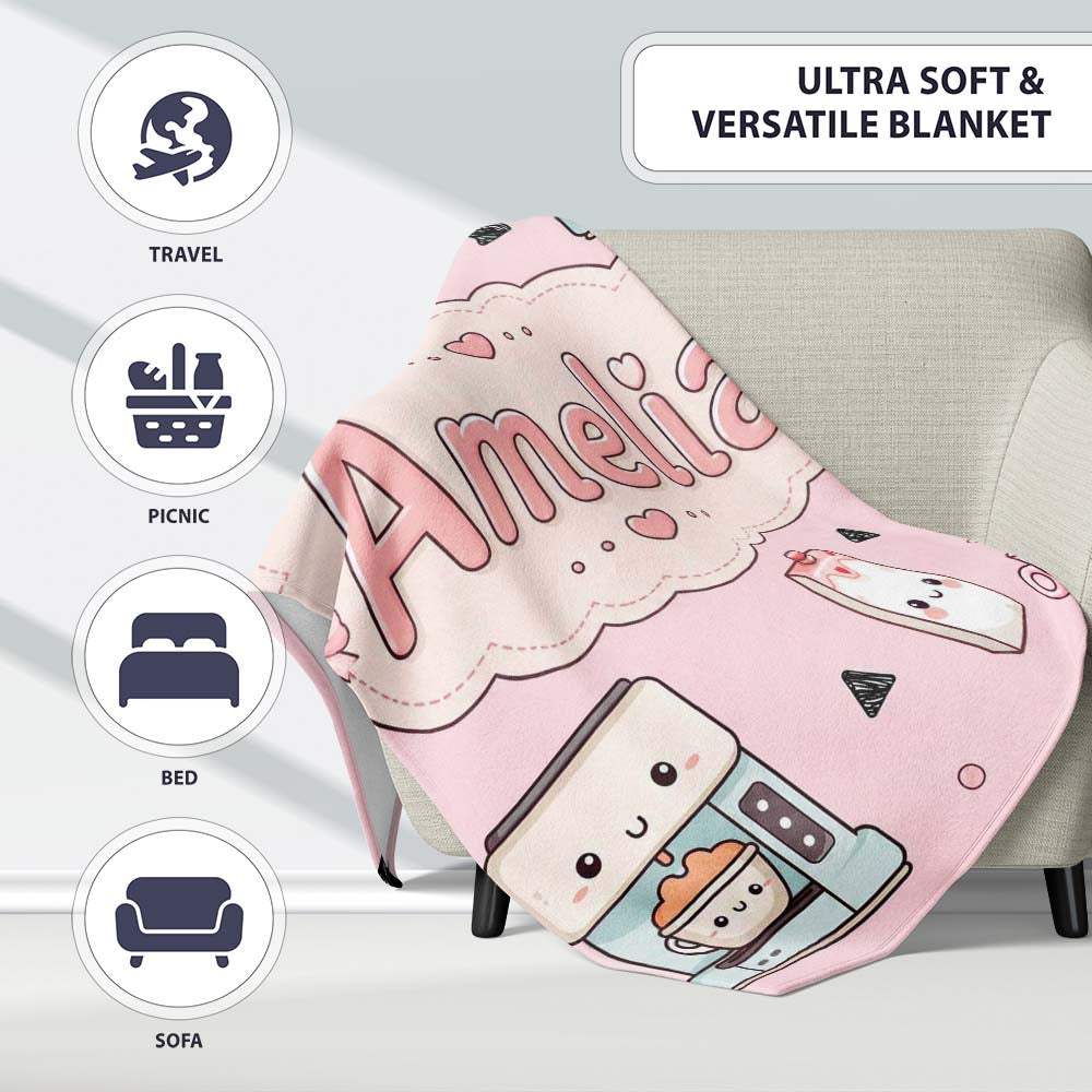 Cute Kawaii Coffee Maker Milk Carton Cups Soft Pink Background Personalised Custom Name Super Soft Fleece Blanket Bed Sofa Throw
