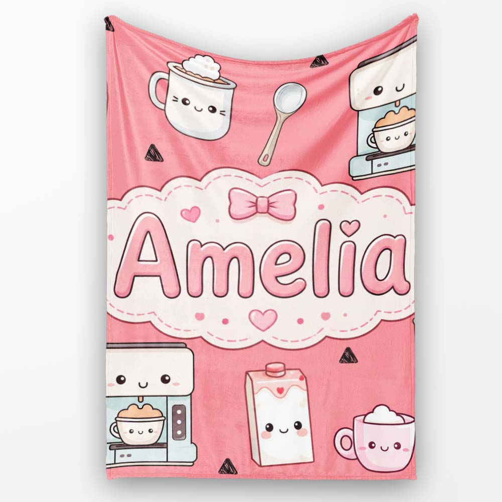 Cute Kawaii Coffee Maker Milk Carton Cups Red Background Seamless Personalised Custom Name Super Soft Fleece Blanket Bed Sofa Throw