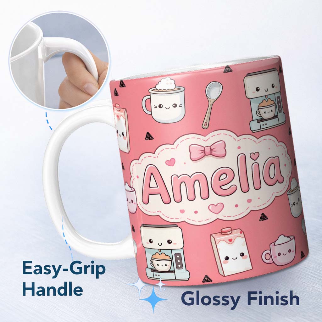 Personalized Custom Name Cute Kawaii Coffee Maker Milk Carton Cups Red Background Seamless 11oz Ceramic Coffee Tea Mug White Large Handle