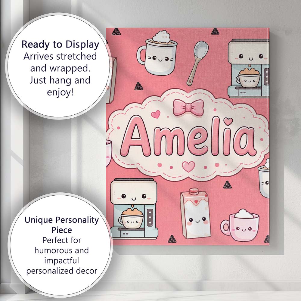Personalised Name Cute Kawaii Coffee Maker Custom Unique Gift Idea Elegant Feature Canvas Wall Art Print Decor Picture Ready to Hang