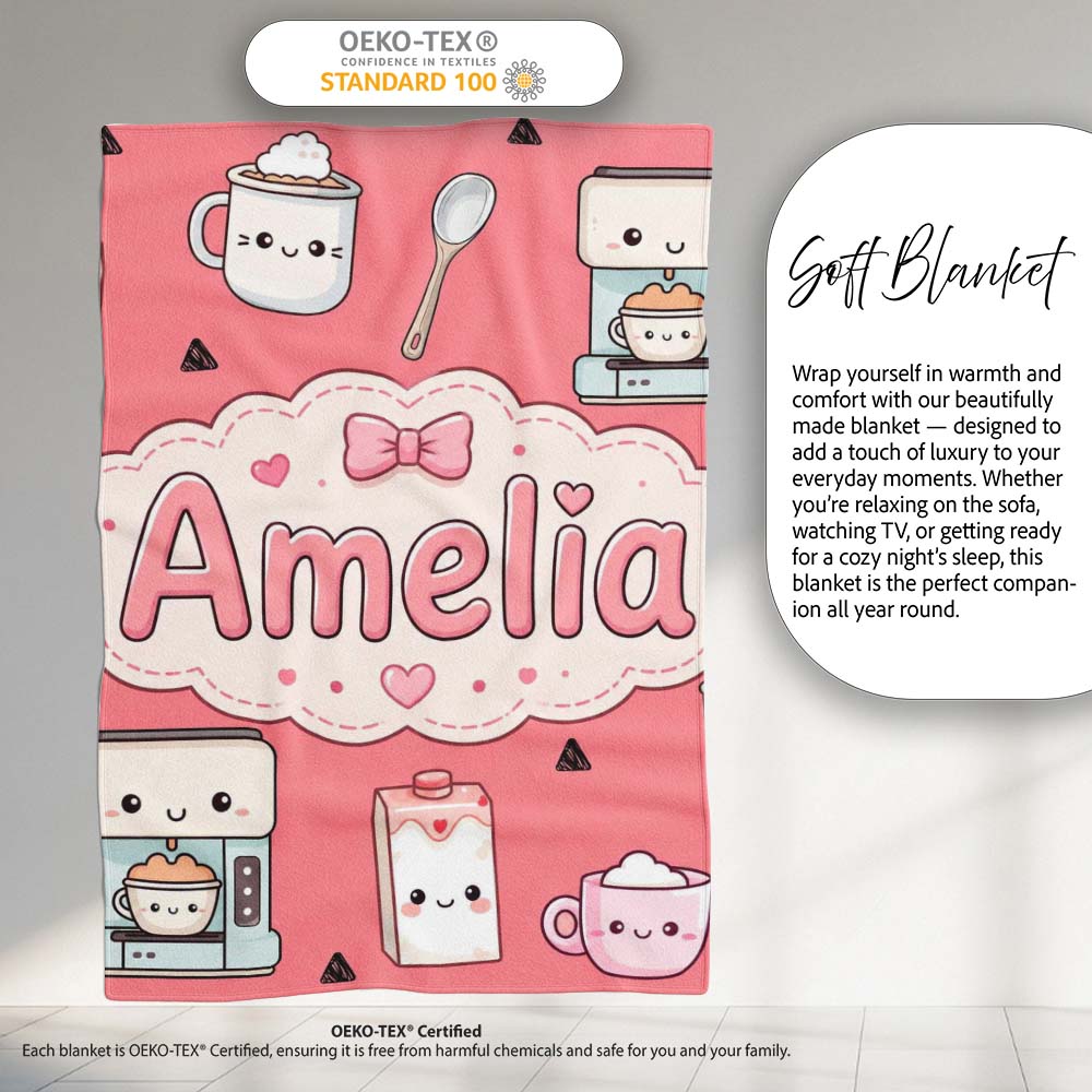Cute Kawaii Coffee Maker Milk Carton Cups Red Background Seamless Personalised Custom Name Super Soft Fleece Blanket Bed Sofa Throw