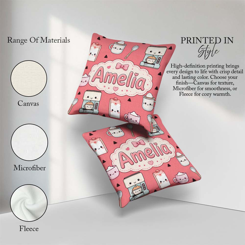 Custom Name Cute Kawaii Milk Carton Cups Red Background Seamless Square Filled Cushion Throw Pillow Sofa Bed Home Decor Zip Washable UK Made