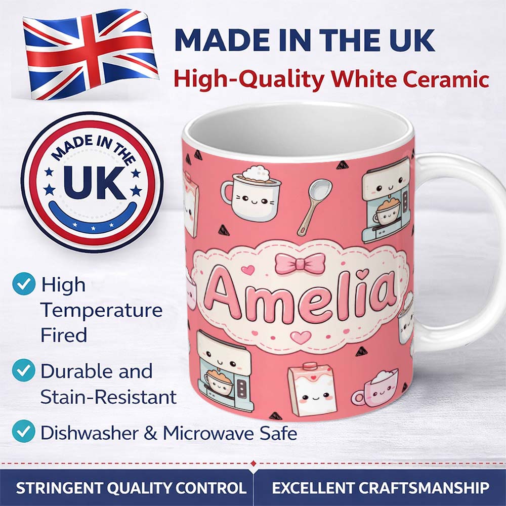 Personalized Custom Name Cute Kawaii Coffee Maker Milk Carton Cups Red Background Seamless 11oz Ceramic Coffee Tea Mug White Large Handle