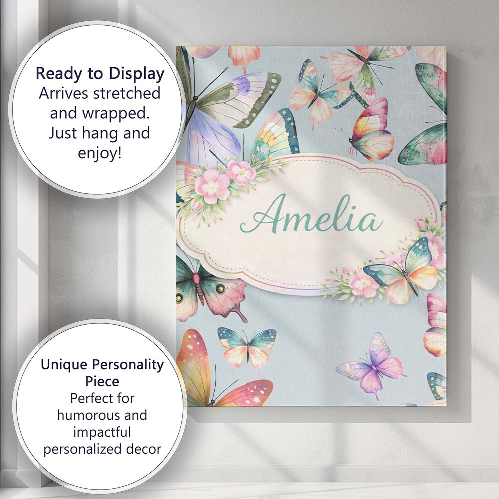 Personalised Name Pastel Watercolor Butterflies Pale Blue Background Custom Home Canvas Wall Art Print Decor Picture Ready to Hang