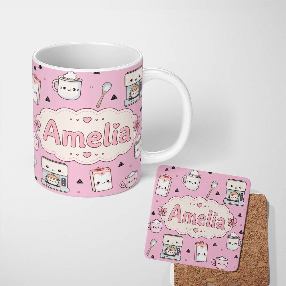 Personalized Custom Name Kawaii Coffee Maker Milk Carton Cups Blush Pink Seamless Pattern 11oz Ceramic Coffee Tea Mug White Large Handle