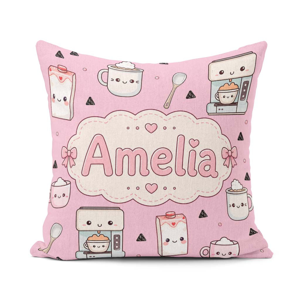Custom Name Kawaii Maker Milk Carton Cups Blush Seamless Pattern Square Filled Cushion Throw Pillow Sofa Bed Home Decor Zip Washable UK Made