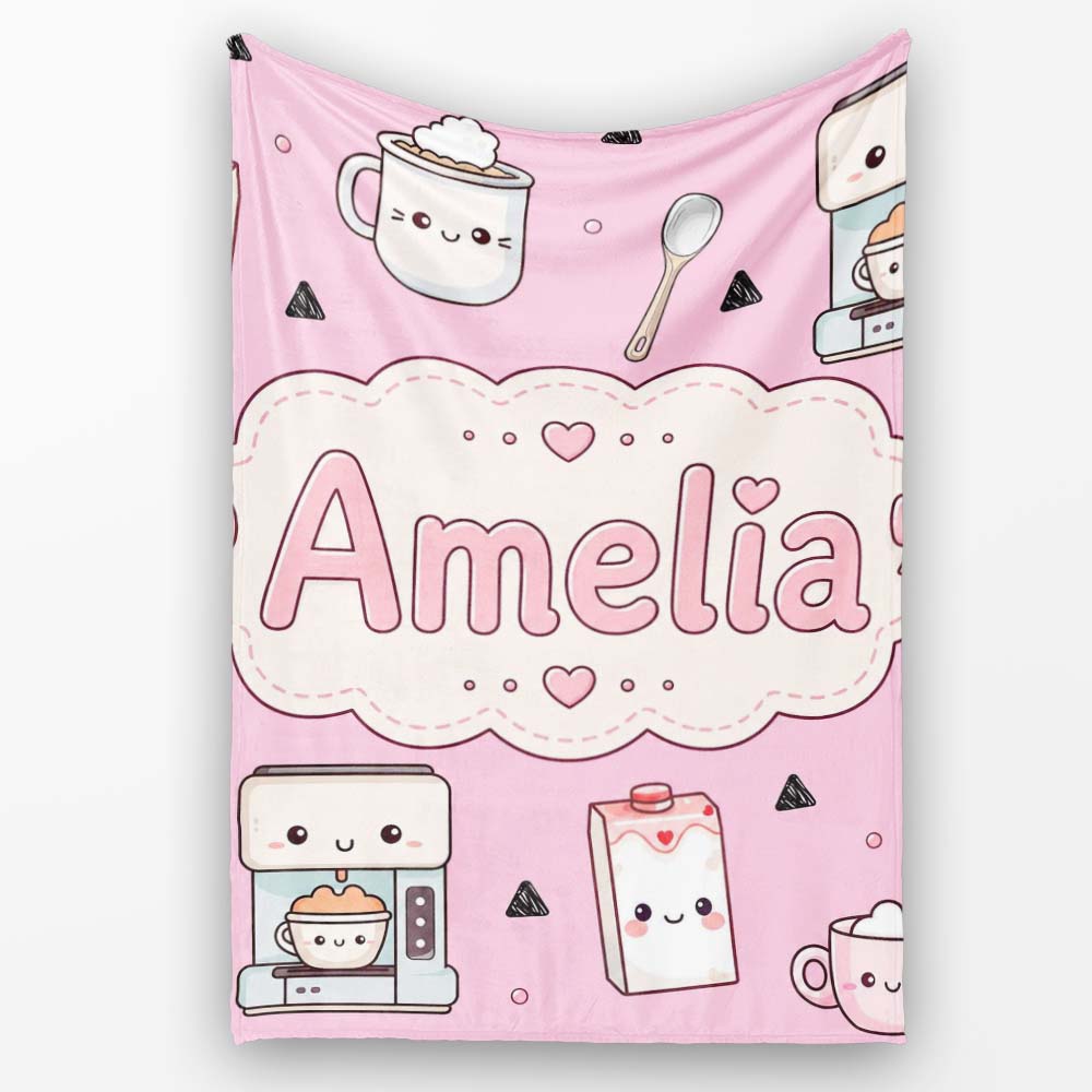 Kawaii Coffee Maker Milk Carton Cups Blush Pink Seamless Pattern Personalised Custom Name Super Soft Fleece Blanket Bed Sofa Throw