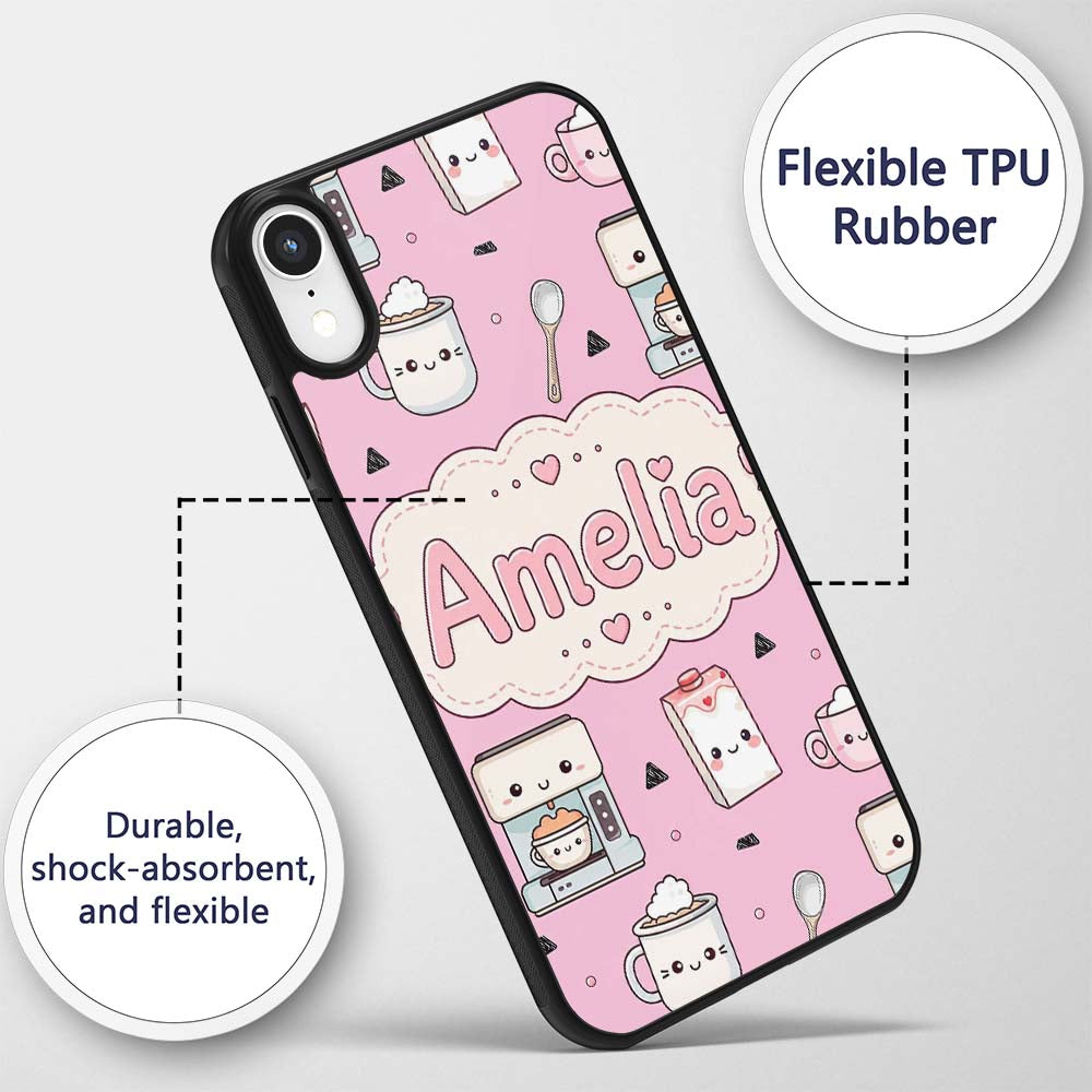 Kawaii Coffee Maker Milk Carton Cups Blush Pink Custom Name Protective Phone Case Mobile Cover Durable Everyday Smartphone Shock Resistant