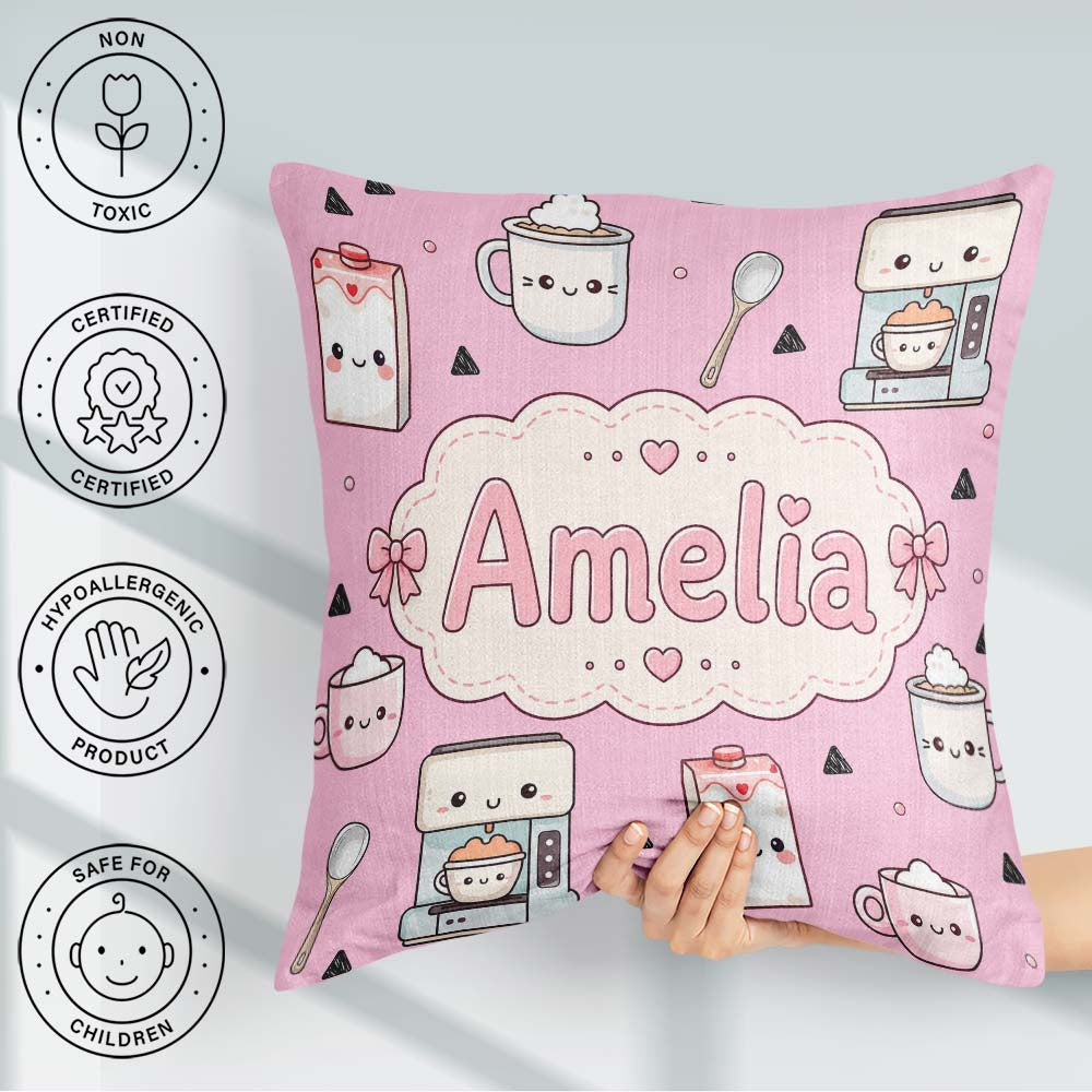 Custom Name Kawaii Maker Milk Carton Cups Blush Seamless Pattern Square Filled Cushion Throw Pillow Sofa Bed Home Decor Zip Washable UK Made
