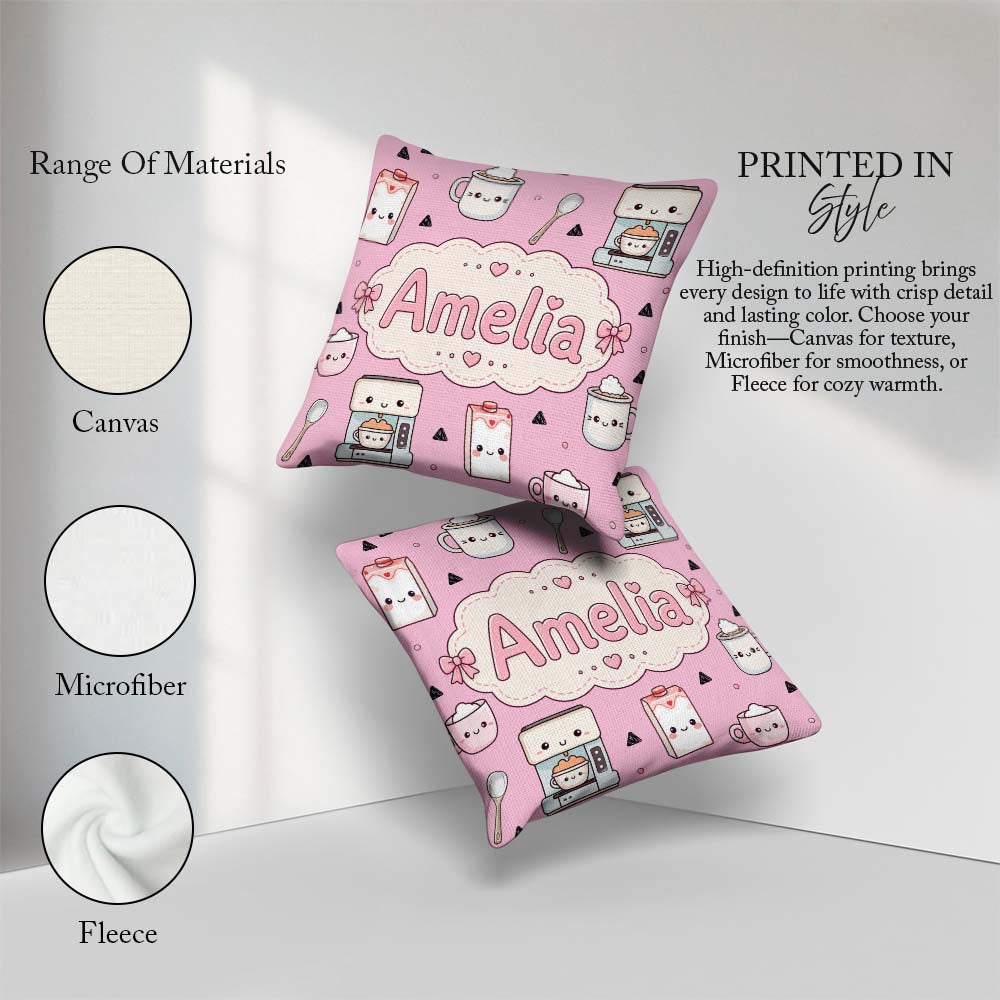 Custom Name Kawaii Maker Milk Carton Cups Blush Seamless Pattern Square Filled Cushion Throw Pillow Sofa Bed Home Decor Zip Washable UK Made