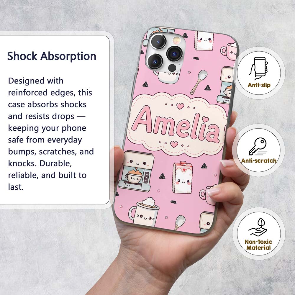 Kawaii Coffee Maker Milk Carton Cups Blush Pink Custom Name Protective Phone Case Mobile Cover Durable Everyday Smartphone Shock Resistant