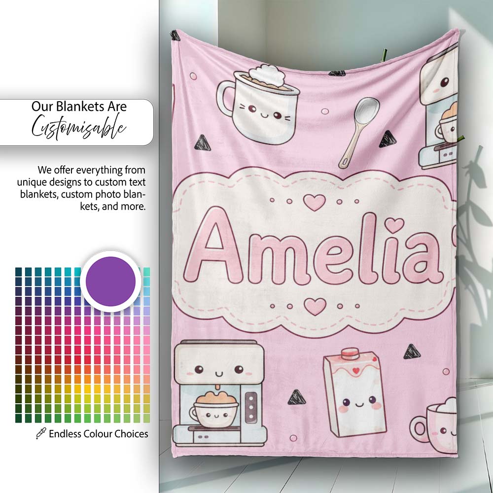 Kawaii Coffee Maker Milk Carton Cups Blush Pink Seamless Pattern Personalised Custom Name Super Soft Fleece Blanket Bed Sofa Throw