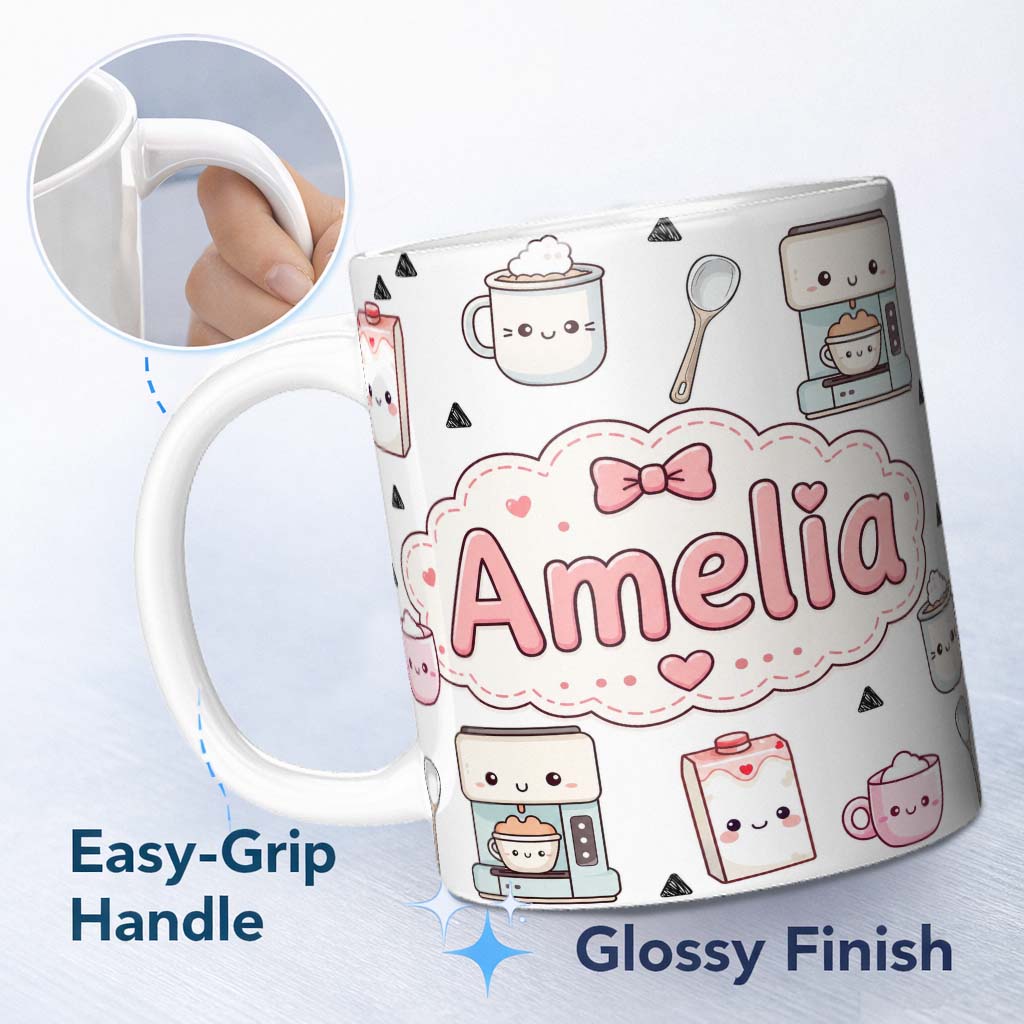 Personalized Custom Name Cute Kawaii Coffee Maker Milk Carton Cups Grey Background Seamless 11oz Ceramic Coffee Tea Mug White Large Handle