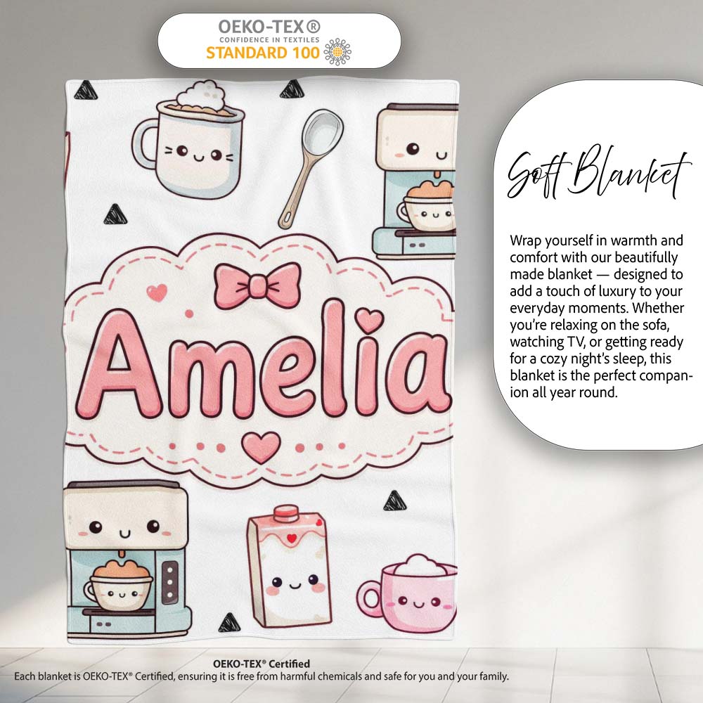 Cute Kawaii Coffee Maker Milk Carton Cups Grey Background Seamless Personalised Custom Name Super Soft Fleece Blanket Bed Sofa Throw