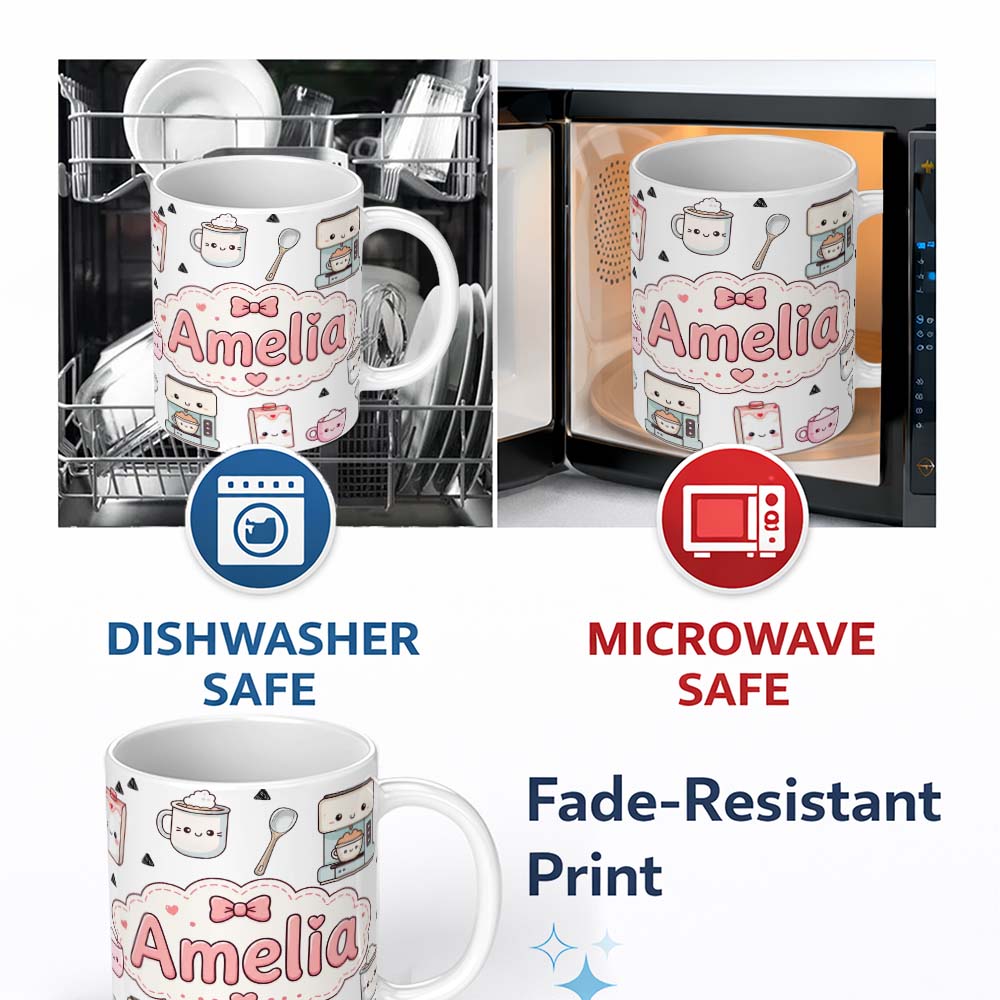 Personalized Custom Name Cute Kawaii Coffee Maker Milk Carton Cups Grey Background Seamless 11oz Ceramic Coffee Tea Mug White Large Handle