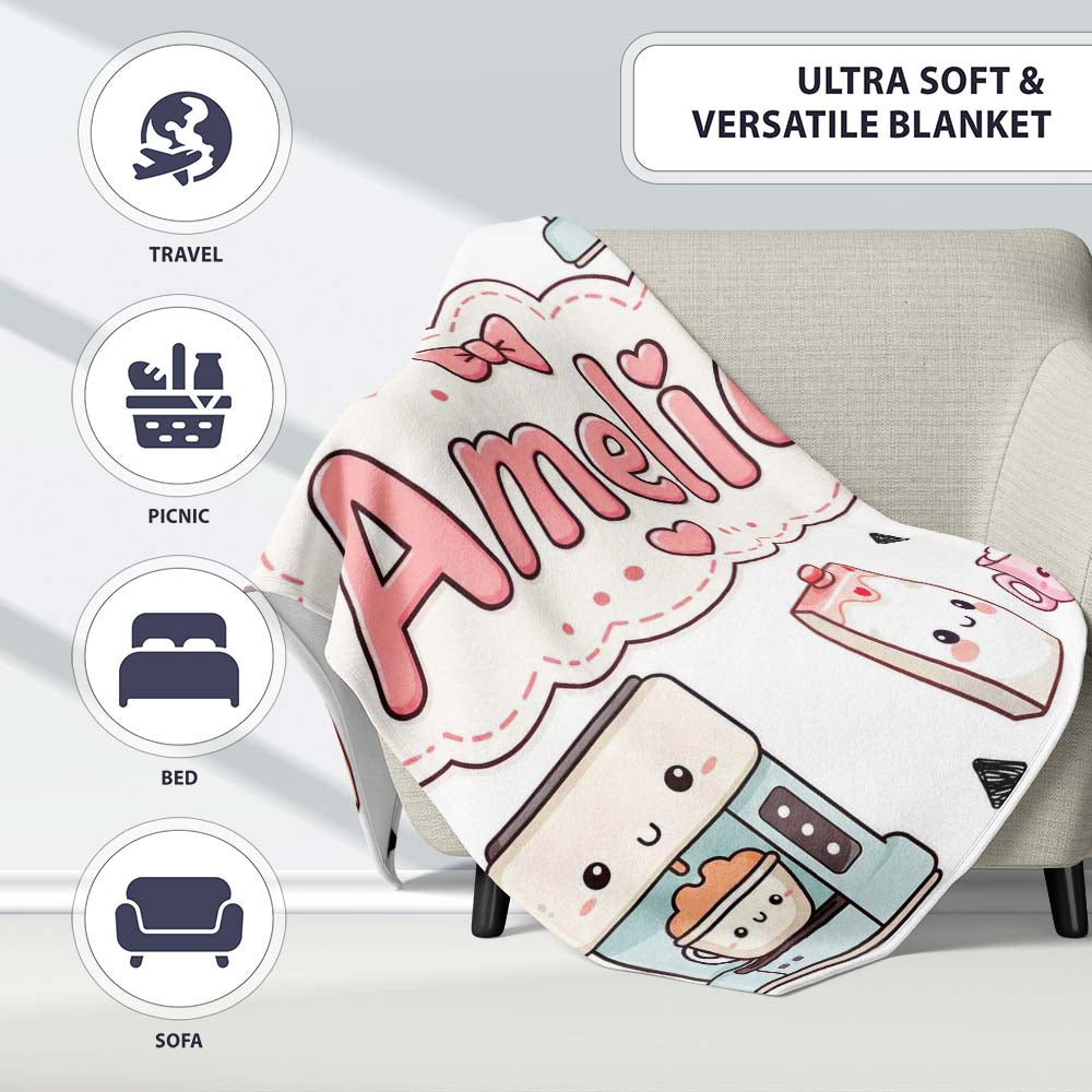 Cute Kawaii Coffee Maker Milk Carton Cups Grey Background Seamless Personalised Custom Name Super Soft Fleece Blanket Bed Sofa Throw