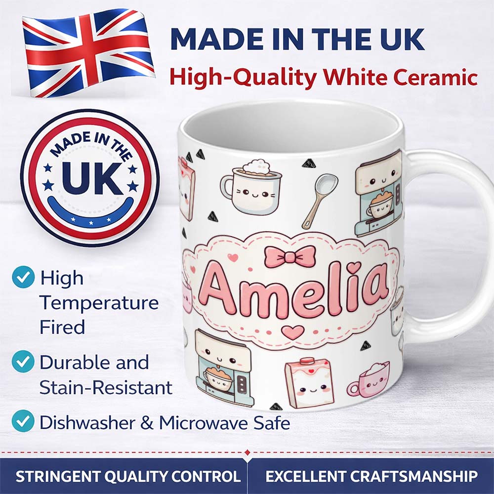 Personalized Custom Name Cute Kawaii Coffee Maker Milk Carton Cups Grey Background Seamless 11oz Ceramic Coffee Tea Mug White Large Handle