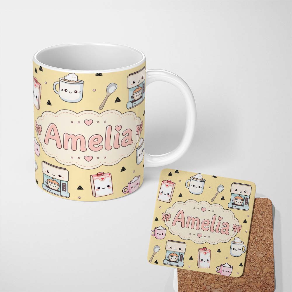 Personalized Custom Name Cute Kawaii Coffee Maker Milk Carton Cups Yellow Background 11oz Ceramic Coffee Tea Mug White Large Handle