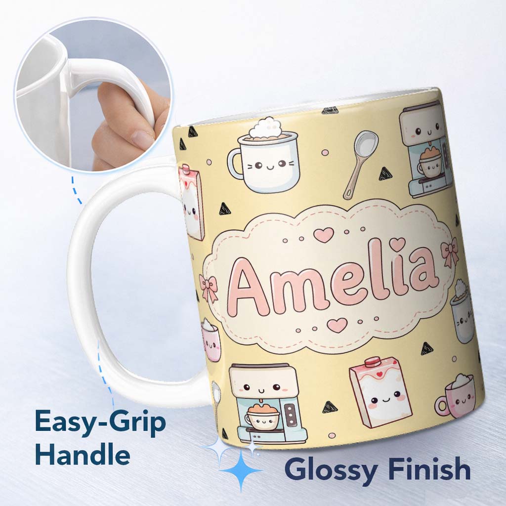 Personalized Custom Name Cute Kawaii Coffee Maker Milk Carton Cups Yellow Background 11oz Ceramic Coffee Tea Mug White Large Handle
