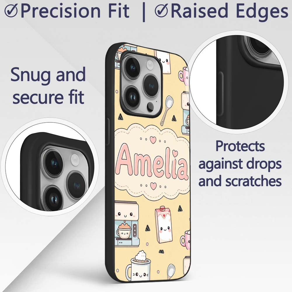 Cute Kawaii Coffee Maker Milk Carton Cups Yellow Custom Name Protective Phone Case Mobile Cover Durable Everyday Smartphone Shock Resistant