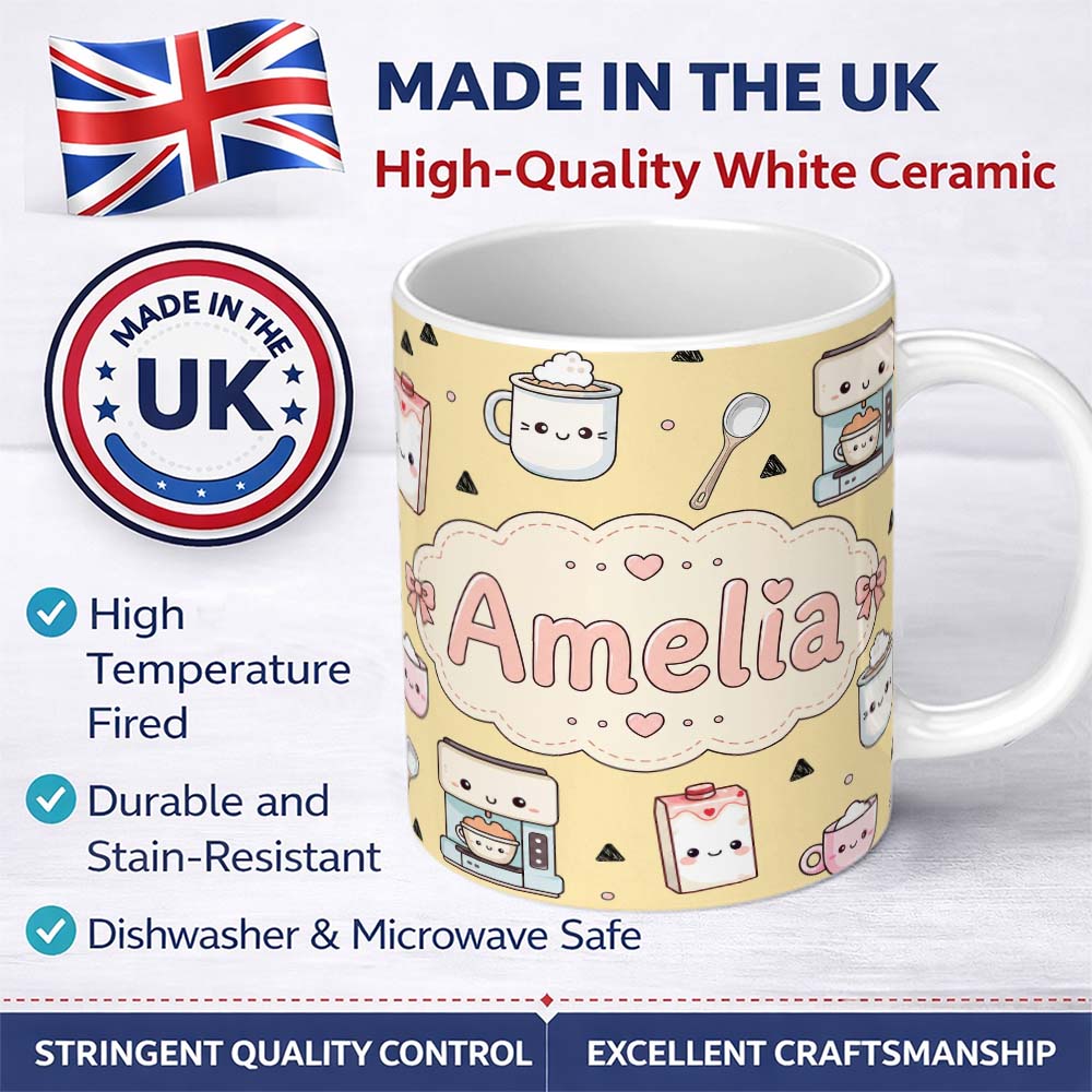 Personalized Custom Name Cute Kawaii Coffee Maker Milk Carton Cups Yellow Background 11oz Ceramic Coffee Tea Mug White Large Handle