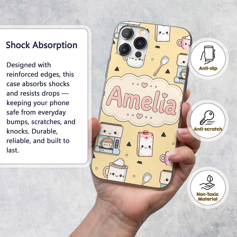 Cute Kawaii Coffee Maker Milk Carton Cups Yellow Custom Name Protective Phone Case Mobile Cover Durable Everyday Smartphone Shock Resistant