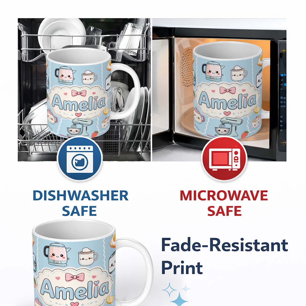 Personalized Custom Name Cute Kawaii Kitchen Mixer Kettle Fruits Blue Background Seamless 11oz Ceramic Coffee Tea Mug White Large Handle