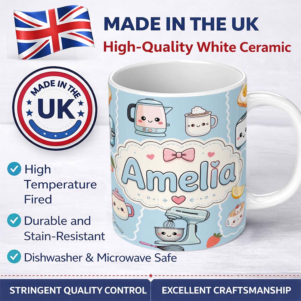 Personalized Custom Name Cute Kawaii Kitchen Mixer Kettle Fruits Blue Background Seamless 11oz Ceramic Coffee Tea Mug White Large Handle