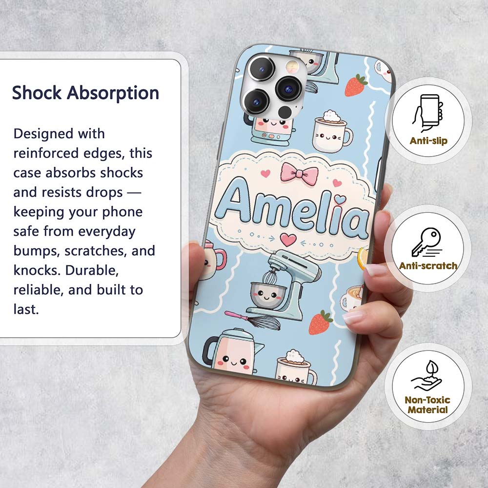 Cute Kawaii Mixer Kettle Fruits Blue Background Custom Name Protective Phone Case Mobile Cover Durable Everyday Smartphone Shock Resistant