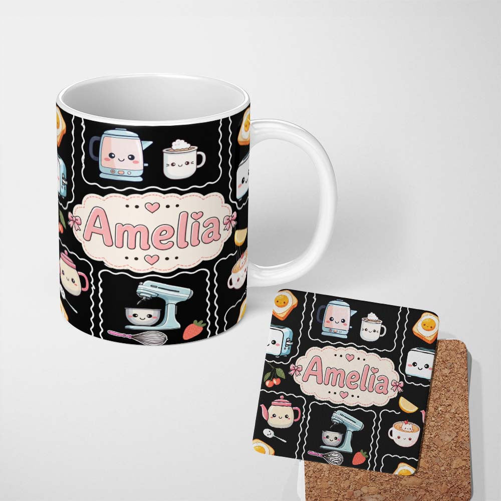 Personalized Custom Name Cute Kawaii Kitchen Mixer Kettle Fruits Black Background Seamless 11oz Ceramic Coffee Tea Mug White Large Handle