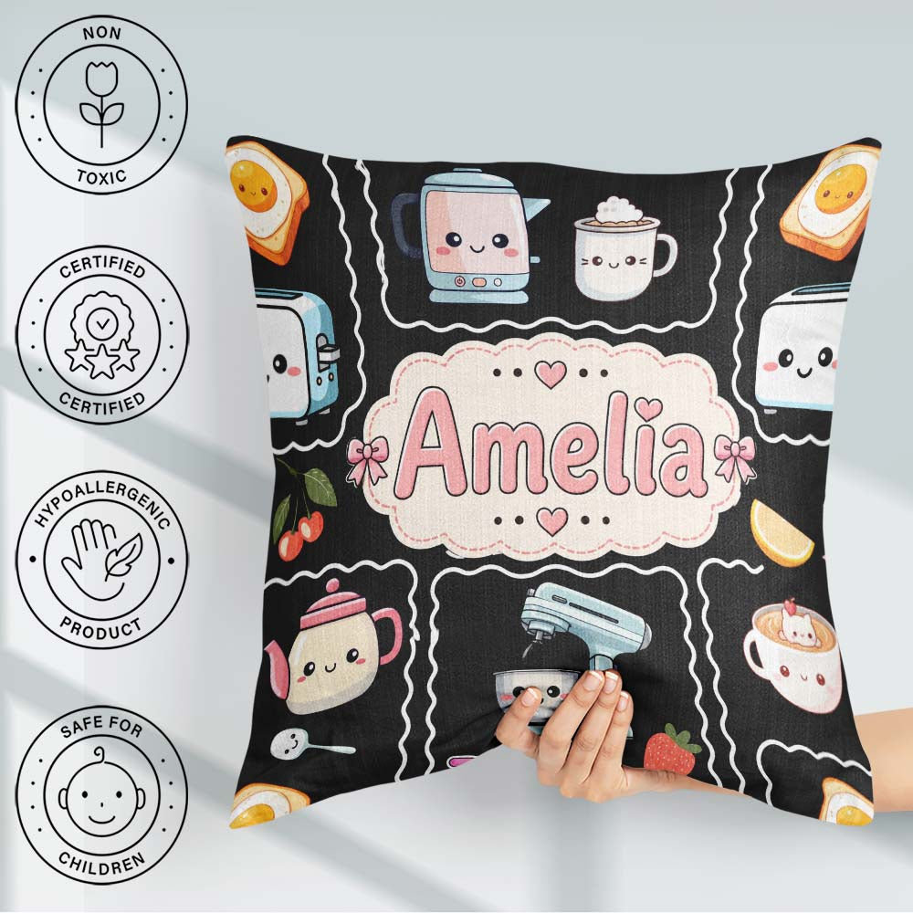Custom Name Kawaii Mixer Kettle Fruits Black Background Seamless Square Filled Cushion Throw Pillow Sofa Bed Home Decor Zip Washable UK Made