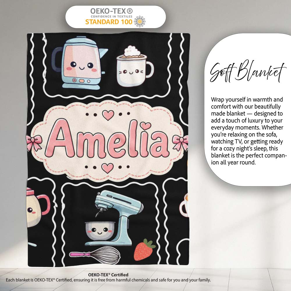Cute Kawaii Mixer Kettle Fruits Black Background Seamless Personalised Custom Name Super Soft Fleece Blanket Bed Sofa Throw