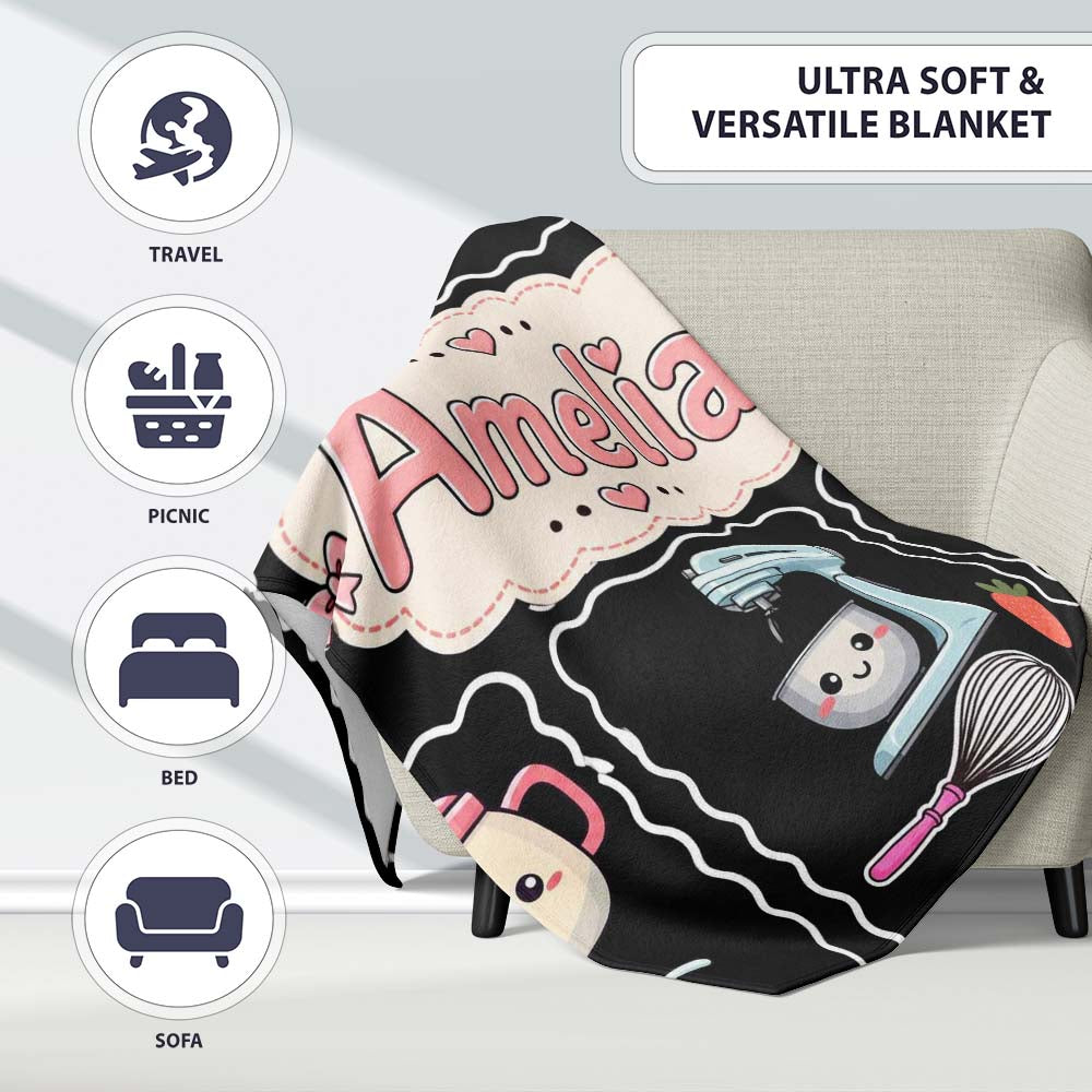 Cute Kawaii Mixer Kettle Fruits Black Background Seamless Personalised Custom Name Super Soft Fleece Blanket Bed Sofa Throw