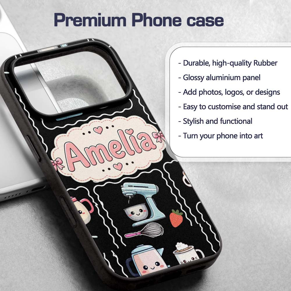 Cute Kawaii Mixer Kettle Fruits Black Background Custom Name Protective Phone Case Mobile Cover Durable Everyday Smartphone Shock Resistant