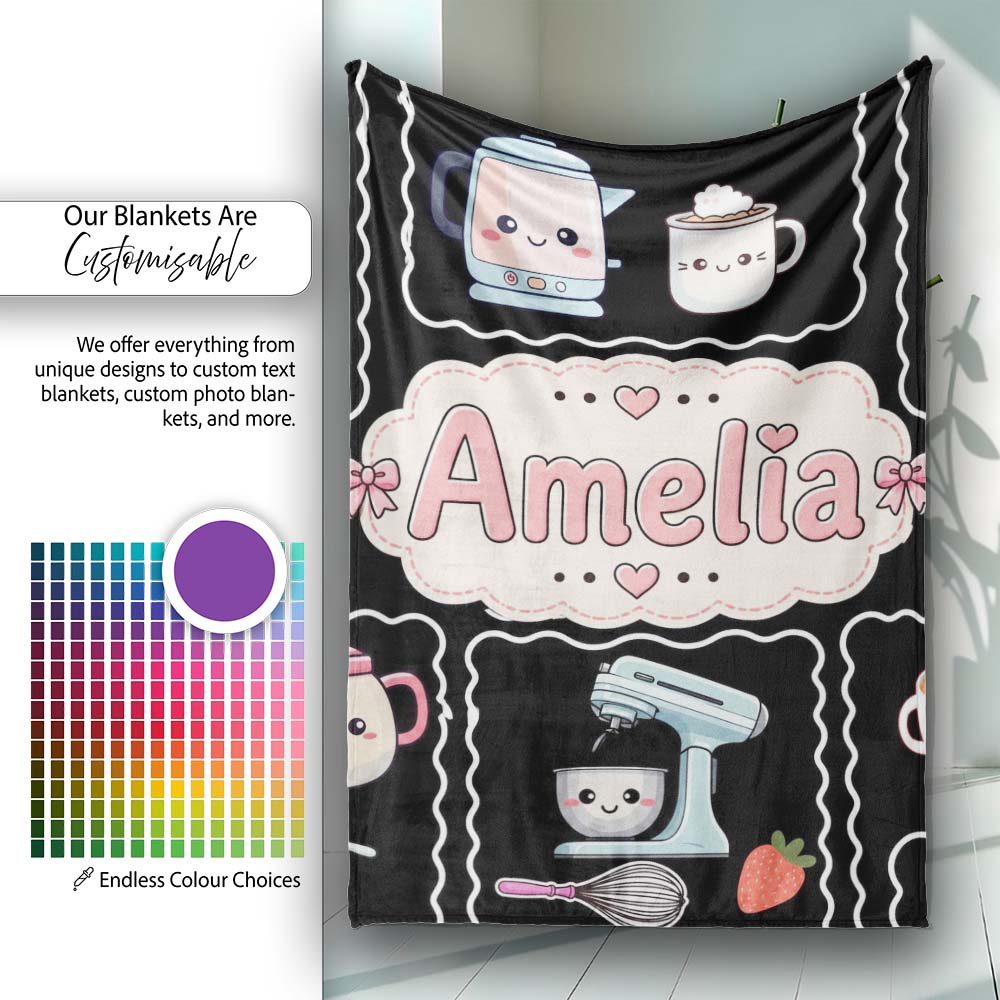 Cute Kawaii Mixer Kettle Fruits Black Background Seamless Personalised Custom Name Super Soft Fleece Blanket Bed Sofa Throw