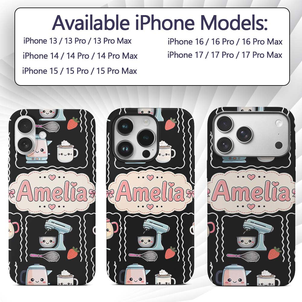 Cute Kawaii Mixer Kettle Fruits Black Background Custom Name Protective Phone Case Mobile Cover Durable Everyday Smartphone Shock Resistant