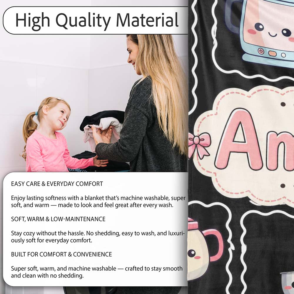 Cute Kawaii Mixer Kettle Fruits Black Background Seamless Personalised Custom Name Super Soft Fleece Blanket Bed Sofa Throw