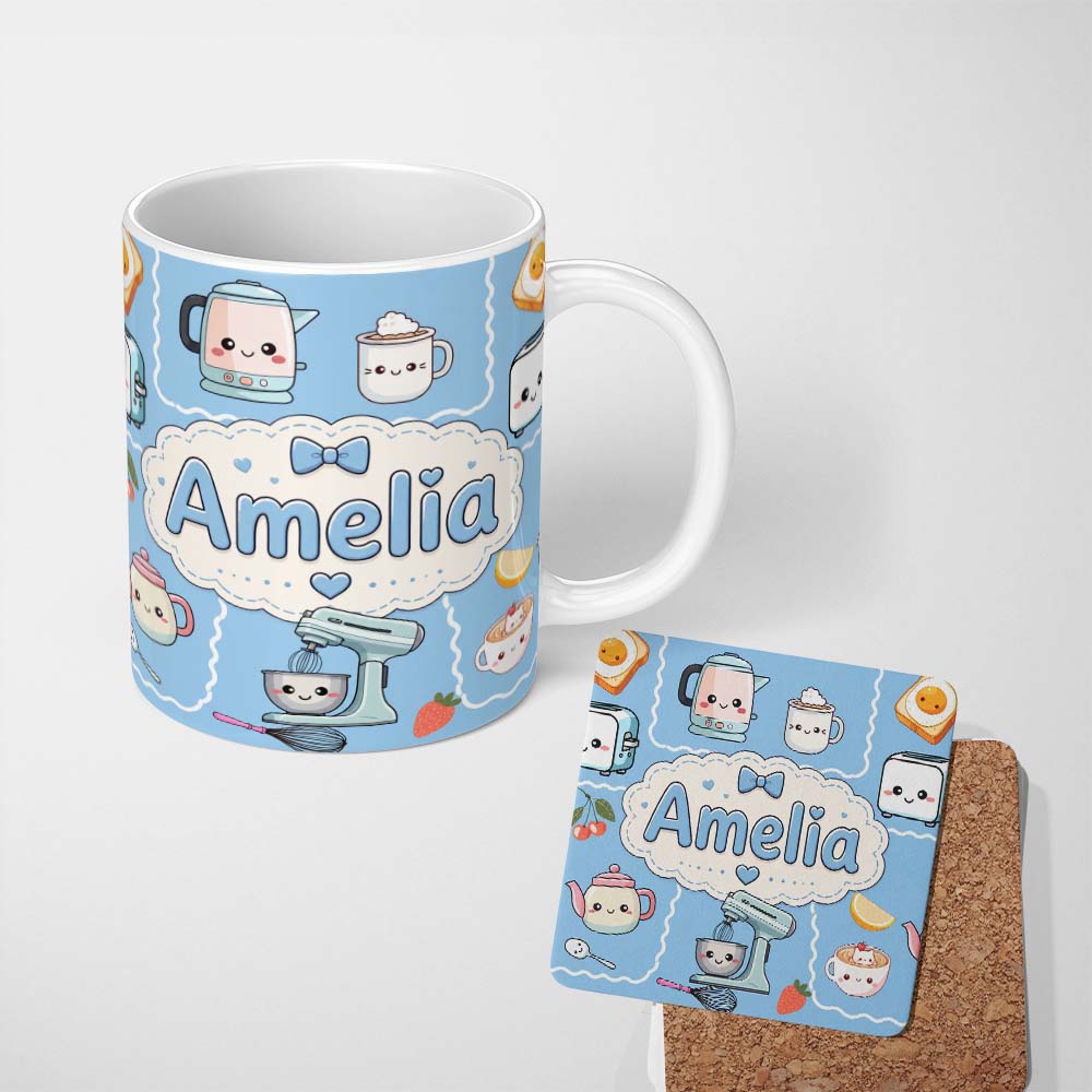 Personalized Custom Name Cute Kawaii Kitchen Mixer Kettle Fruits Sky Blue Background 11oz Ceramic Coffee Tea Mug White Large Handle