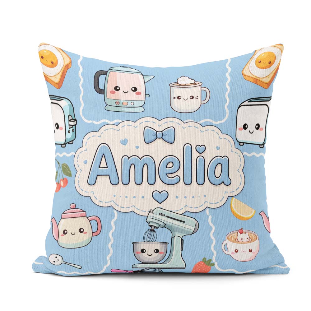 Custom Name Cute Kawaii Mixer Kettle Fruits Sky Blue Background Square Filled Cushion Throw Pillow Sofa Bed Home Decor Zip Washable UK Made