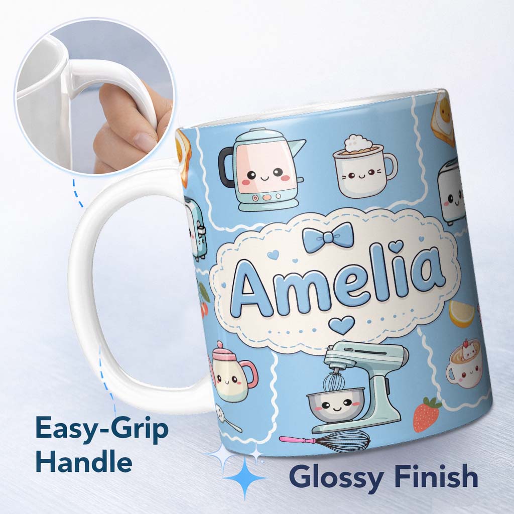 Personalized Custom Name Cute Kawaii Kitchen Mixer Kettle Fruits Sky Blue Background 11oz Ceramic Coffee Tea Mug White Large Handle