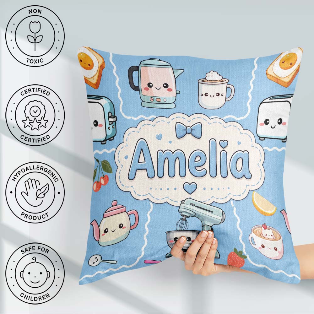 Custom Name Cute Kawaii Mixer Kettle Fruits Sky Blue Background Square Filled Cushion Throw Pillow Sofa Bed Home Decor Zip Washable UK Made