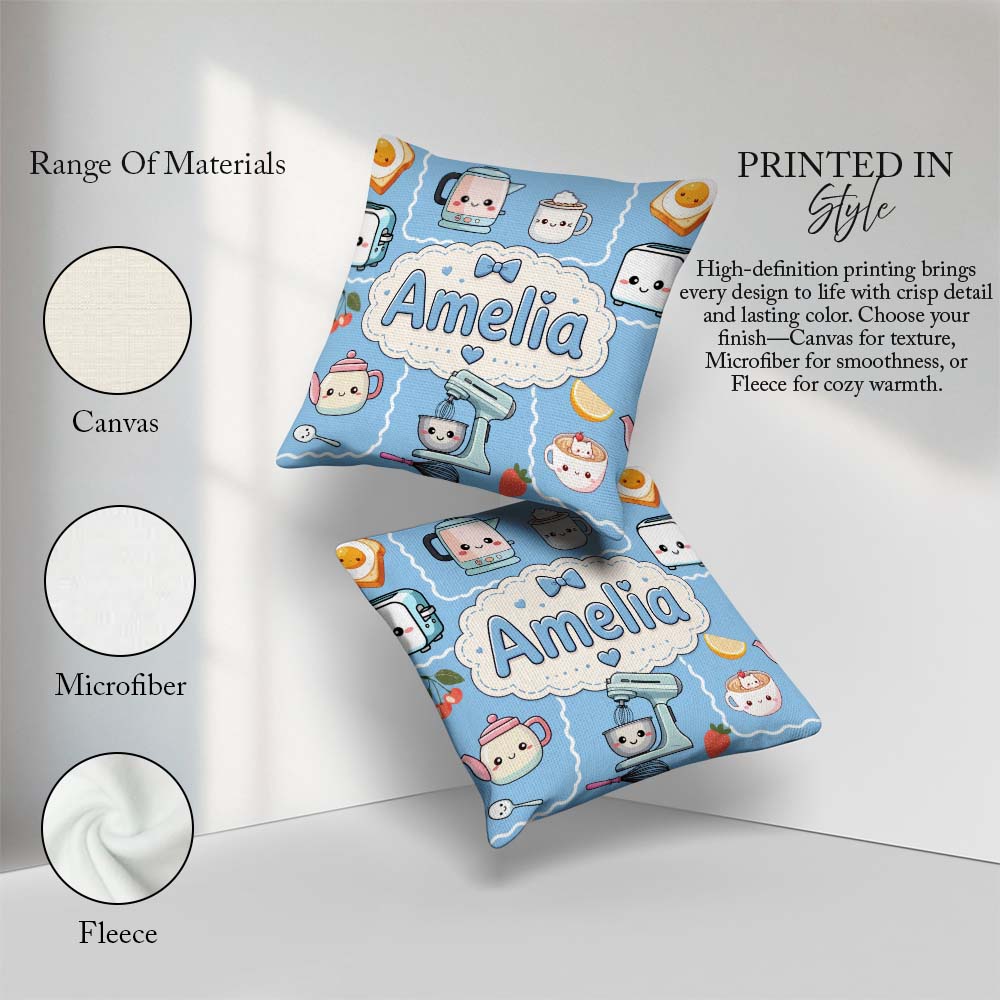 Custom Name Cute Kawaii Mixer Kettle Fruits Sky Blue Background Square Filled Cushion Throw Pillow Sofa Bed Home Decor Zip Washable UK Made