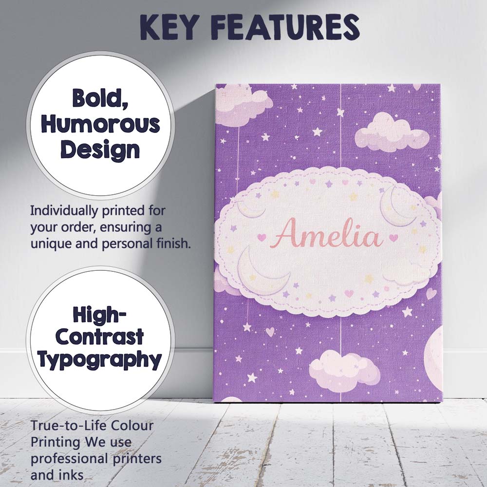 Personalised Name Purple Night Sky Moon Hanging Stars Cute Seamless Custom Canvas Wall Art Print Decor Picture Ready to Hang
