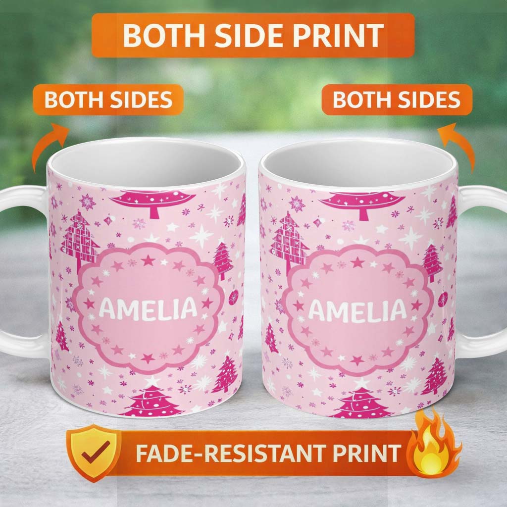Personalized Custom Name Cute Pink Christmas Tree Star Snowflake Seamless Pattern Lovely 11oz Ceramic Coffee Tea Mug White Large Handle
