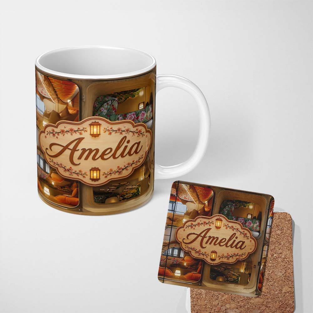 Personalized Custom Name Capsule Living Pods with Decorative Interiors Contemporary Japanese 11oz Ceramic Coffee Tea Mug White Large Handle