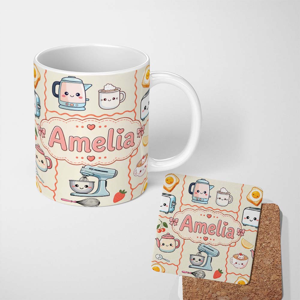 Personalized Custom Name Cute Kawaii Kitchen Mixer Kettle Fruits Cream Background Seamless 11oz Ceramic Coffee Tea Mug White Large Handle
