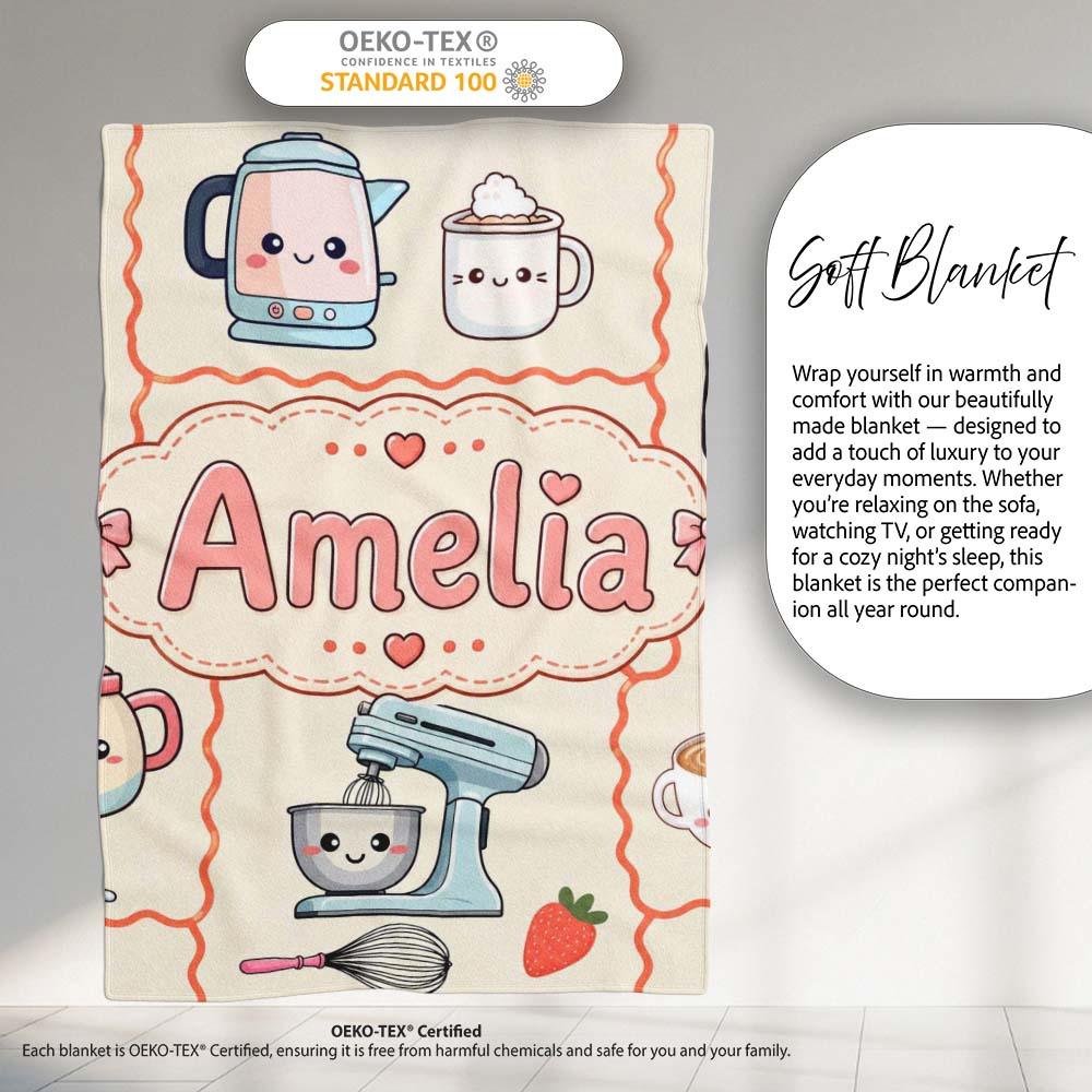 Cute Kawaii Mixer Kettle Fruits Cream Background Seamless Personalised Custom Name Super Soft Fleece Blanket Bed Sofa Throw