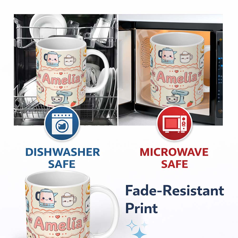 Personalized Custom Name Cute Kawaii Kitchen Mixer Kettle Fruits Cream Background Seamless 11oz Ceramic Coffee Tea Mug White Large Handle