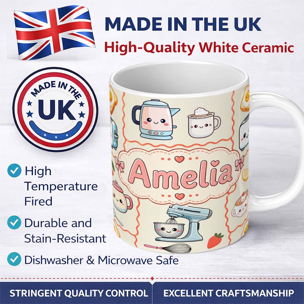 Personalized Custom Name Cute Kawaii Kitchen Mixer Kettle Fruits Cream Background Seamless 11oz Ceramic Coffee Tea Mug White Large Handle
